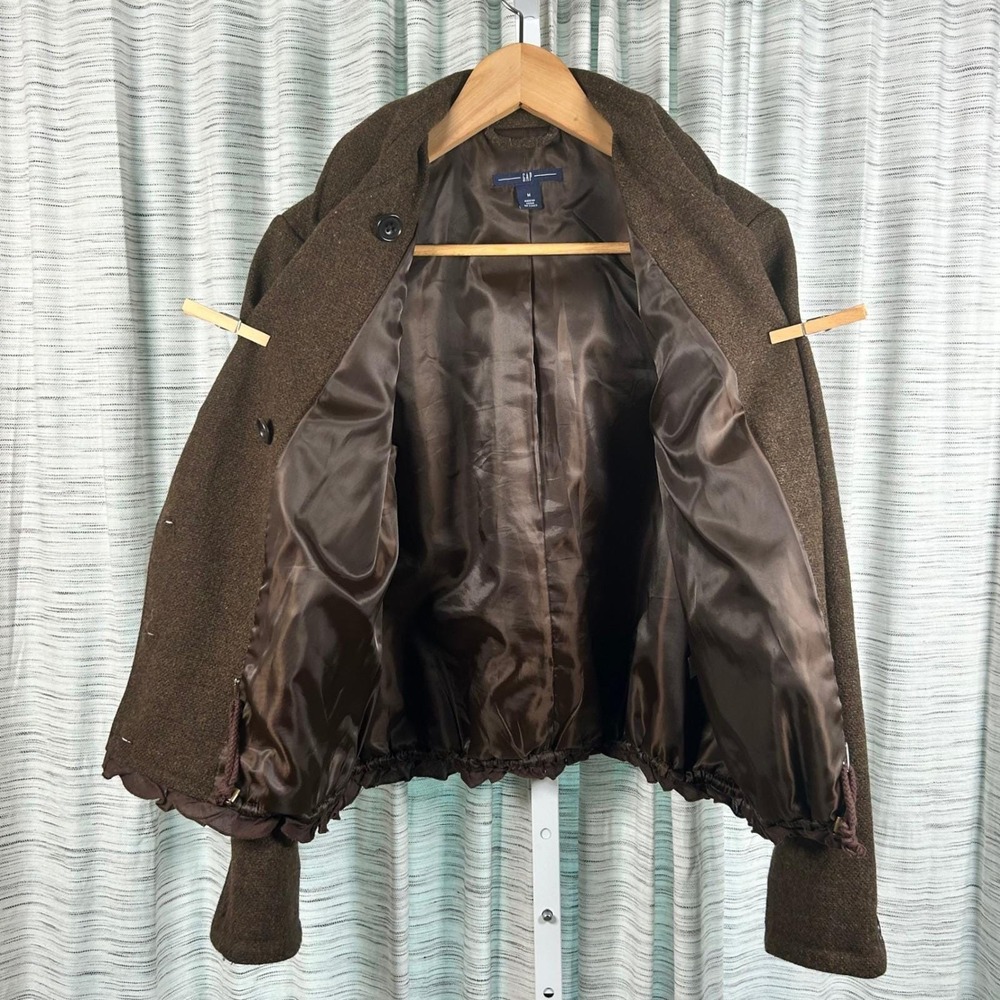 Gap Wool Bomber Jacket Brown Womens Medium Ruffle Hem Button Front EUC - Picture 8 of 13